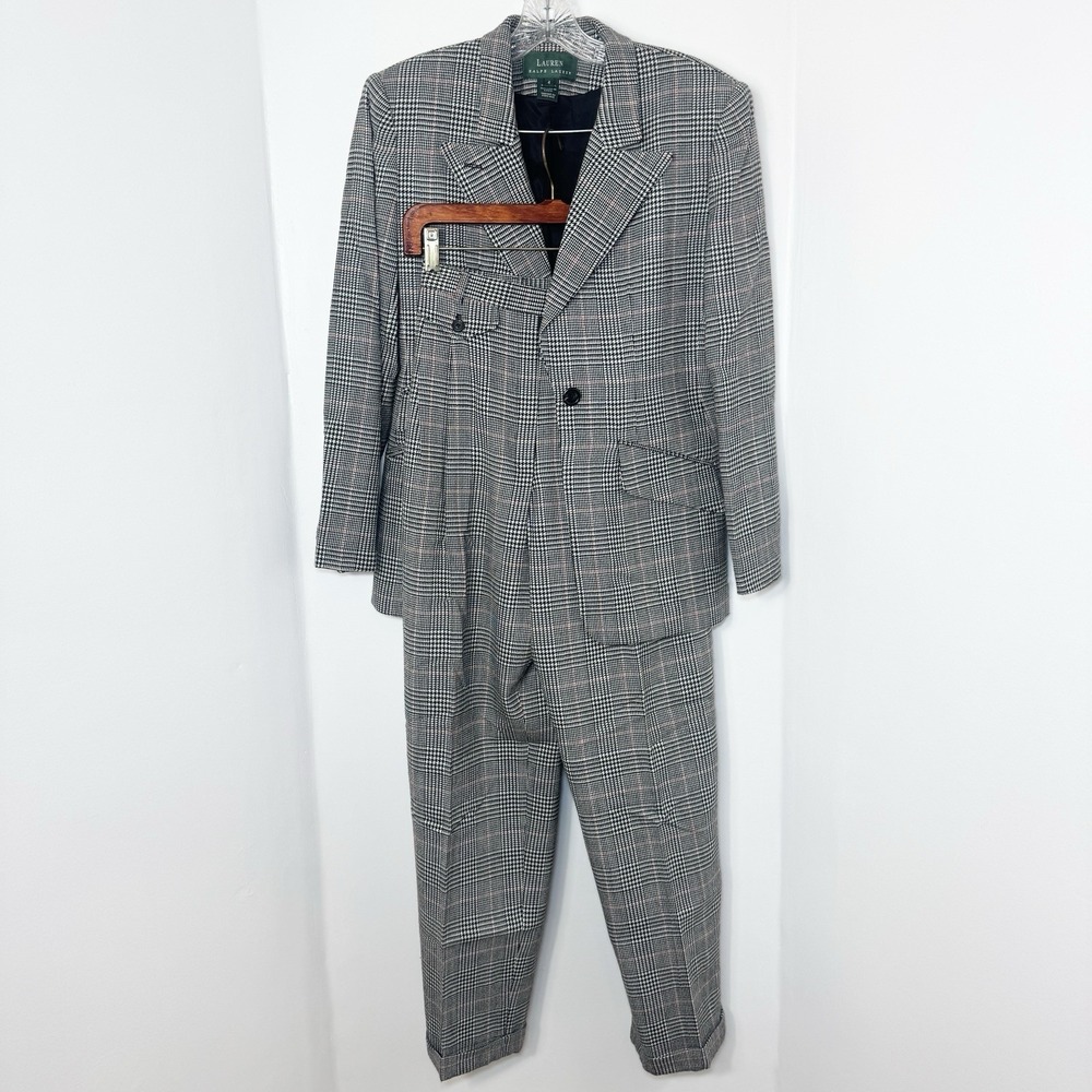 Vtg Lauren Ralph Lauren 2 Pc Pant Suit Womens 4/6 Wool Glen Plaid Pleated Cuffed